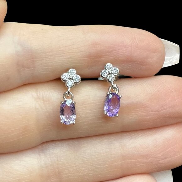 Purple clover dangle dainty amethyst earrings CZ Sterling Silver jewelry NEW - Picture 2 of 8